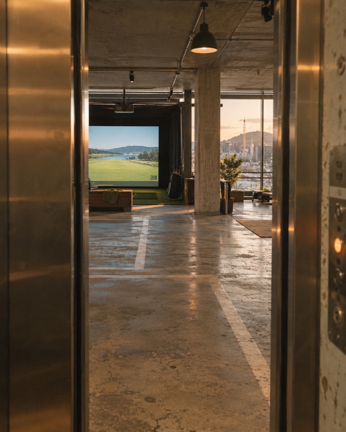 Lift doors open onto the deck, old parking lines leading to the first bay