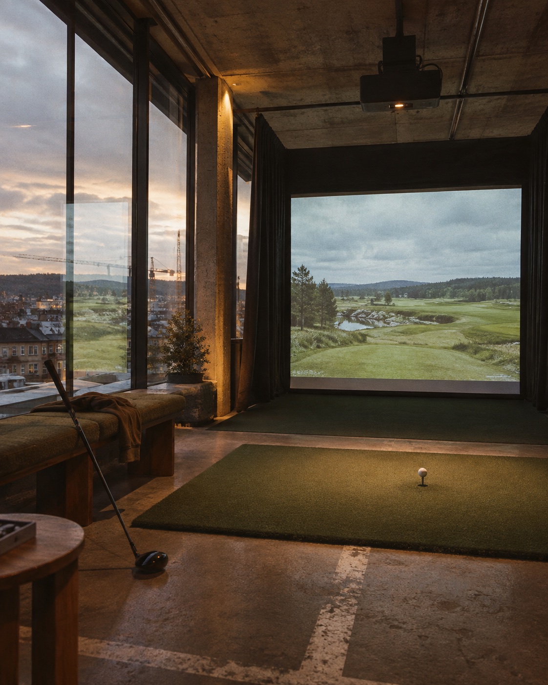 One bay from behind the mat: ball on a tee, a driver against the bench, a green course on screen