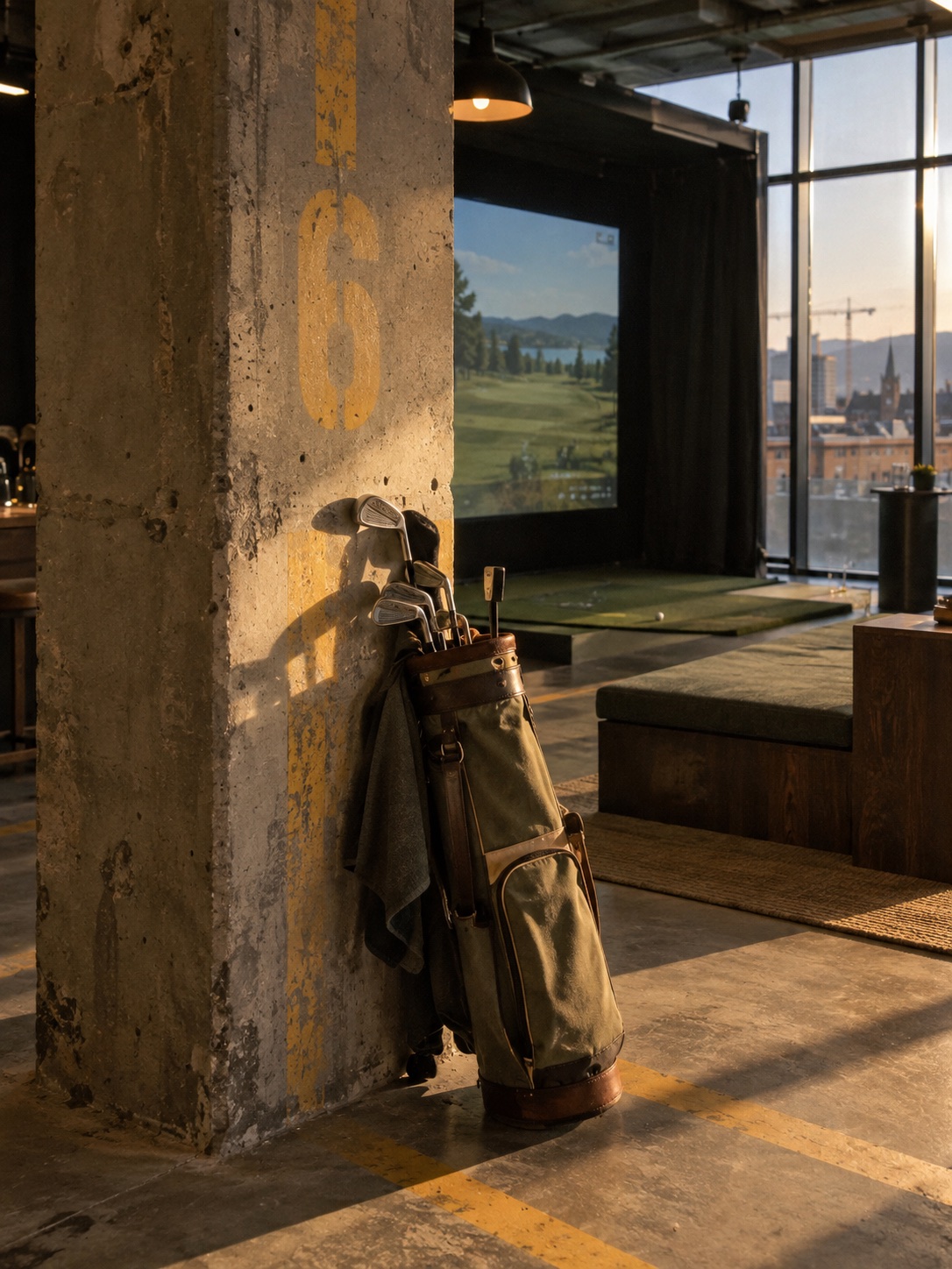 A concrete pillar with a faded bay number and a canvas golf bag leaning on it