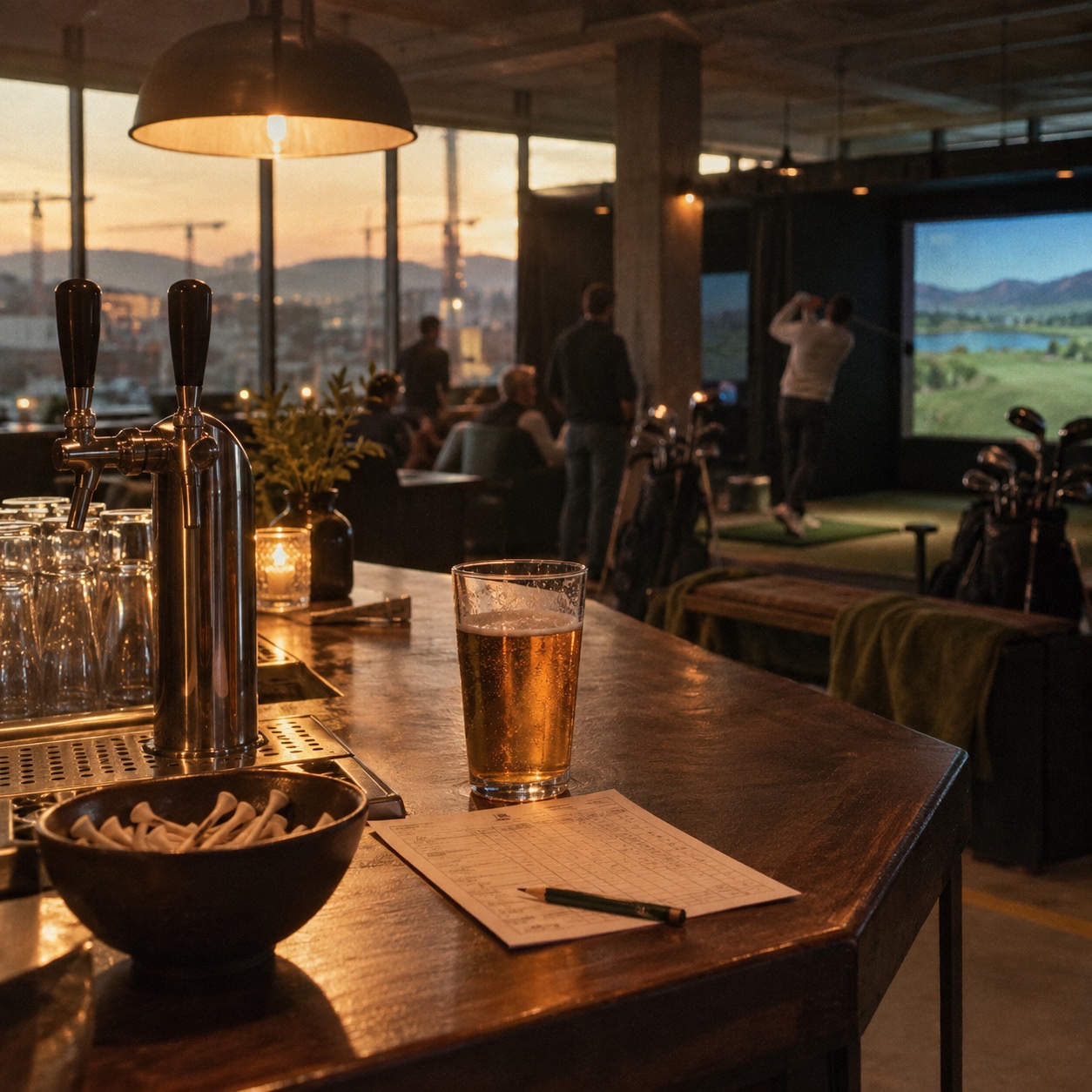 The end of the bar: beer taps, a pint on a scorecard and a bowl of tees