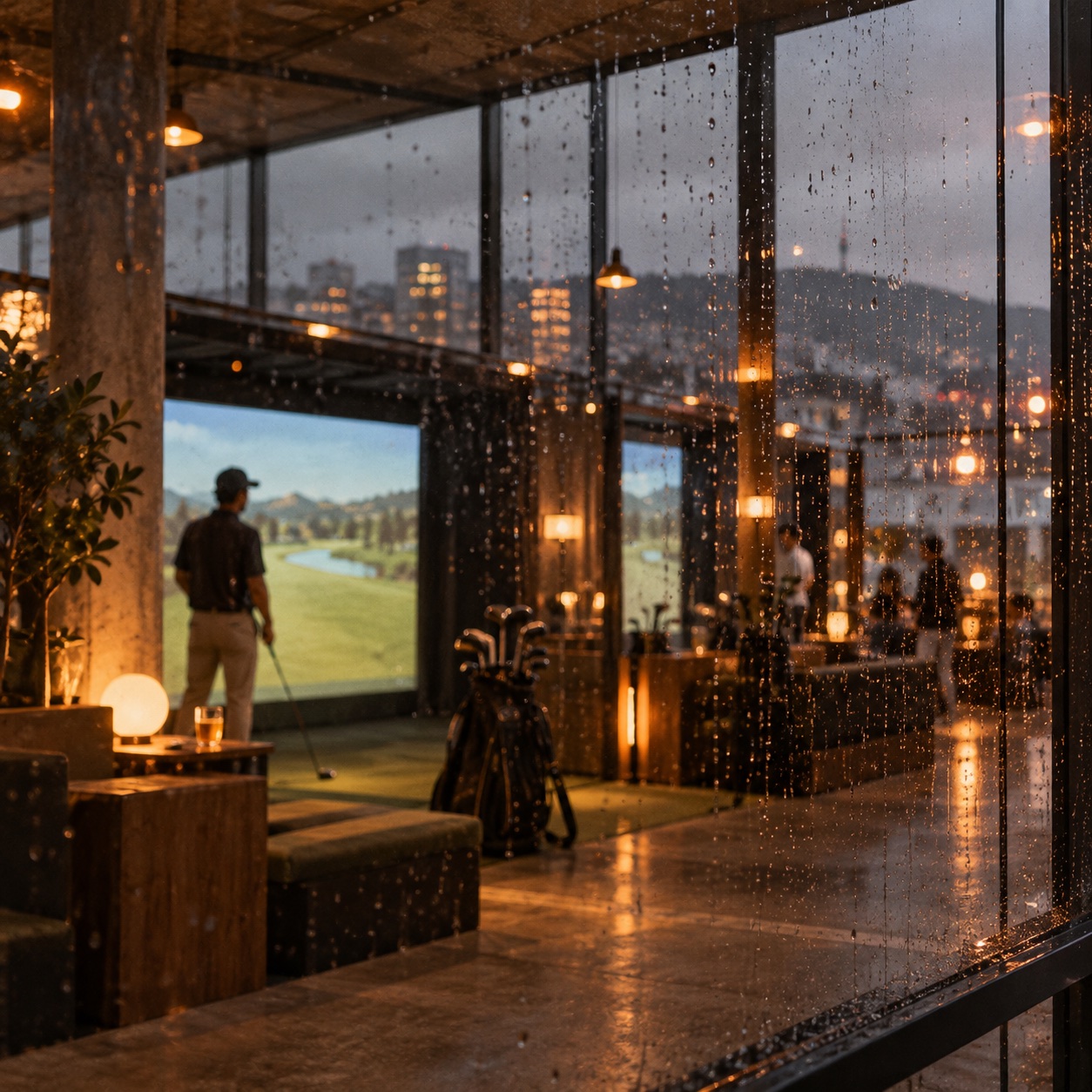 Rain on the glass, a player waiting at a lit bay behind it