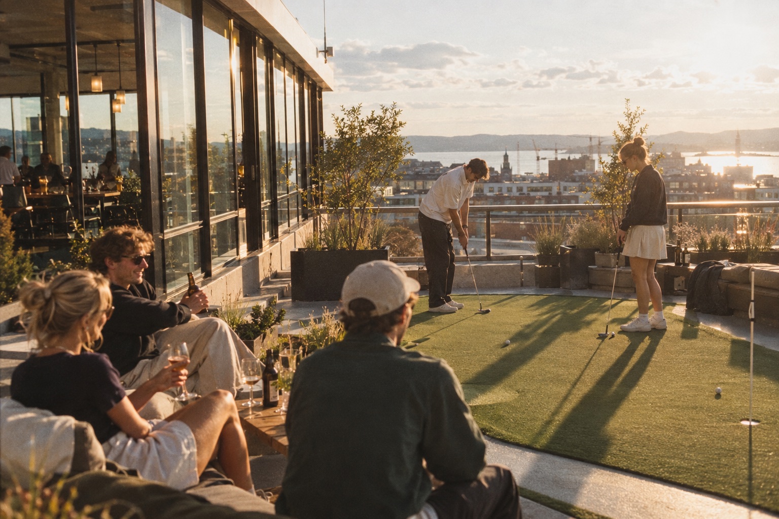 People putting on a rooftop green on a summer evening, the fjord behind