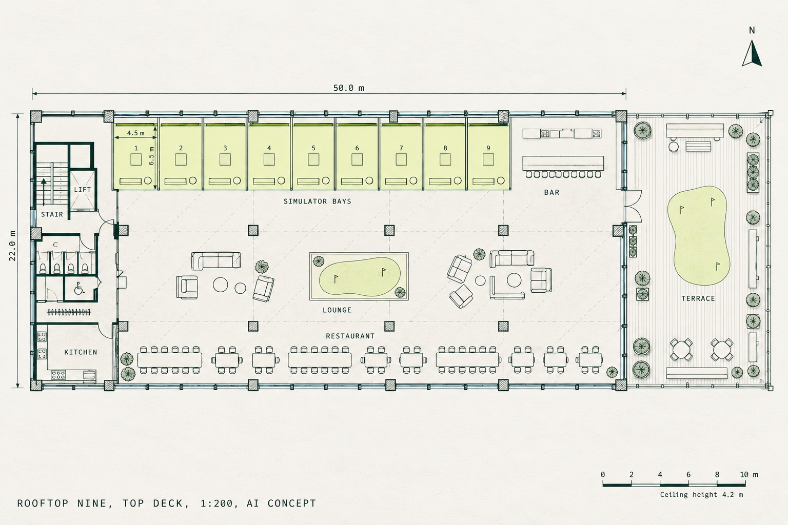 Floor plan of the top deck: nine bays along the north glass, bar, lounge, restaurant along the south glass, lift core and terrace