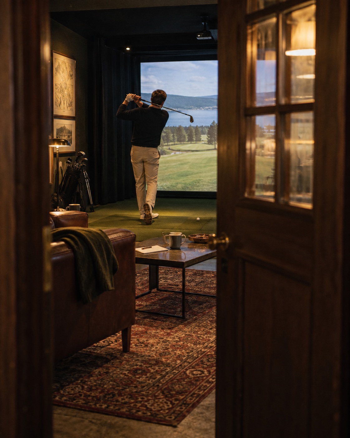 A private bay room seen through its wooden door, a leather sofa and a golfer at the screen