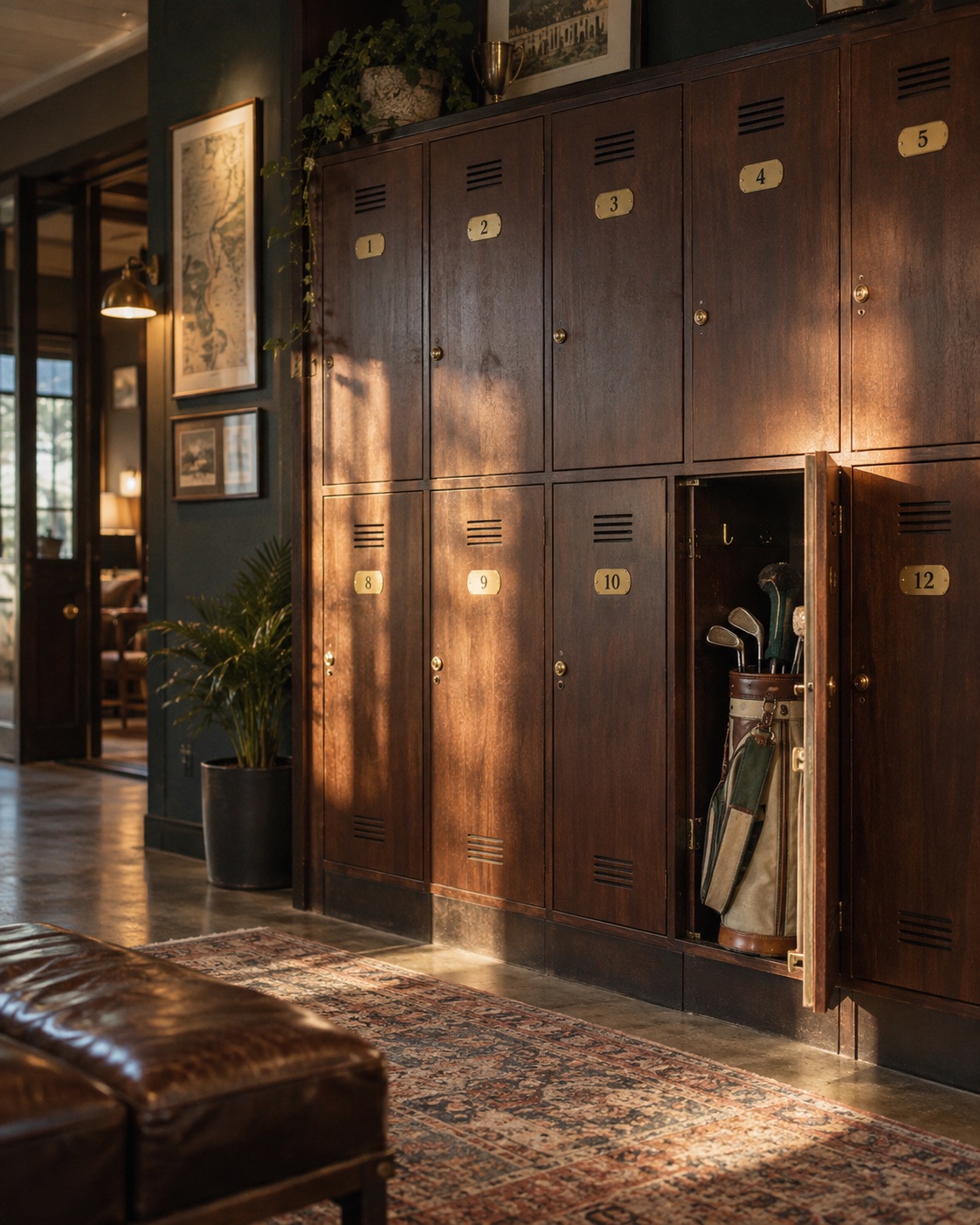 A wall of numbered wooden lockers, one open with a canvas golf bag