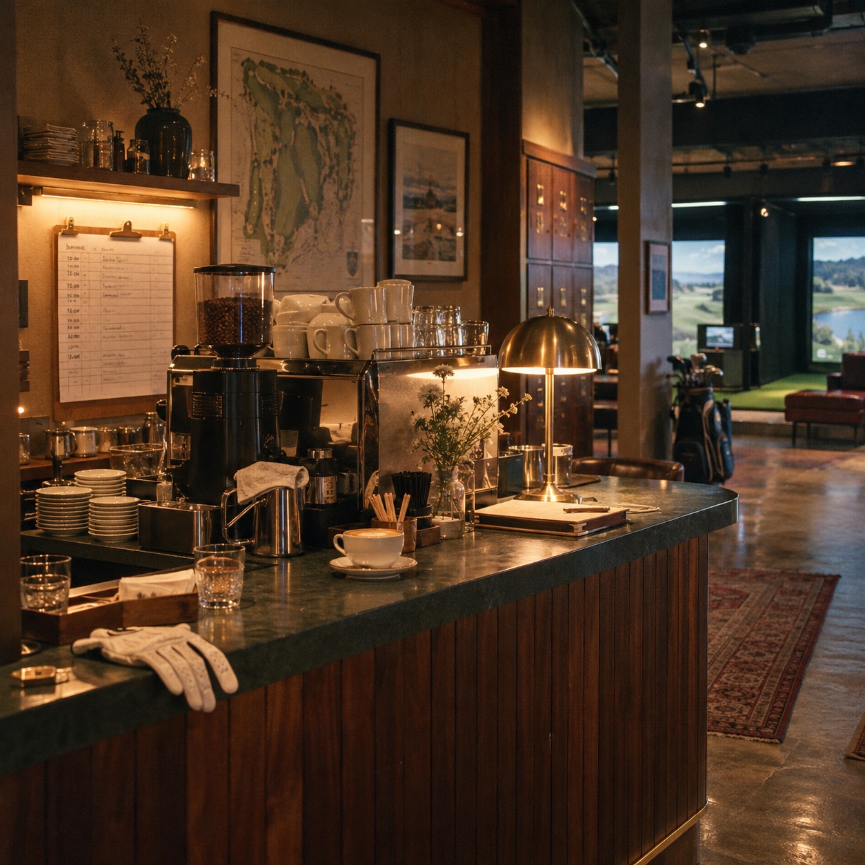 The coffee counter with an espresso machine and a booking list on the wall