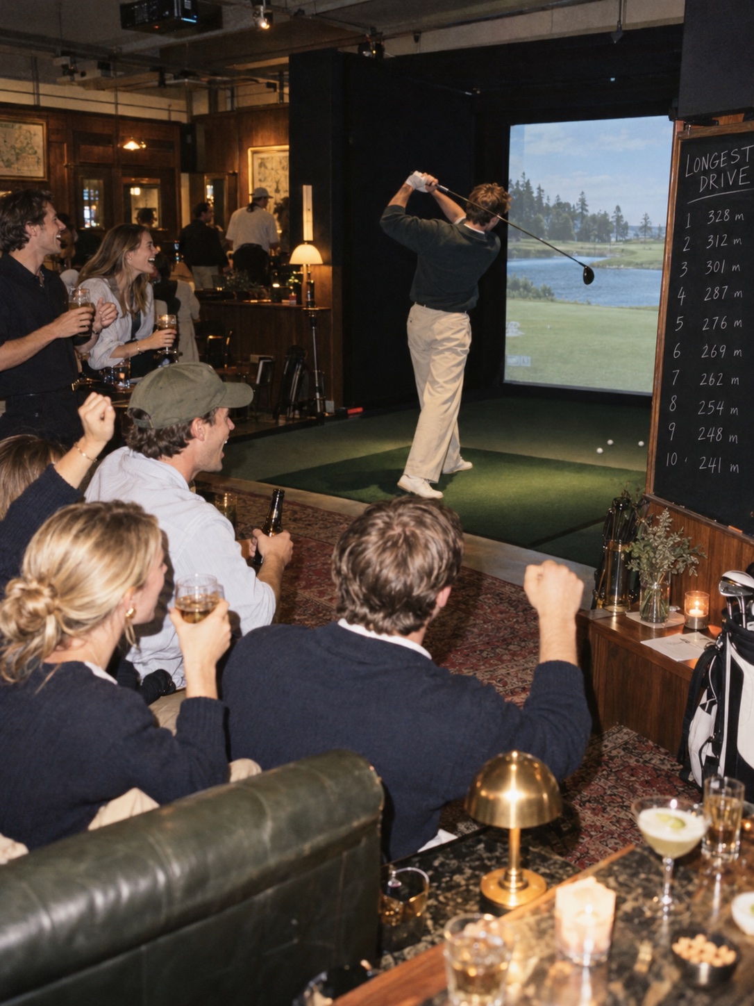 Friends cheering at a longest-drive night, a chalkboard leaderboard by the bay