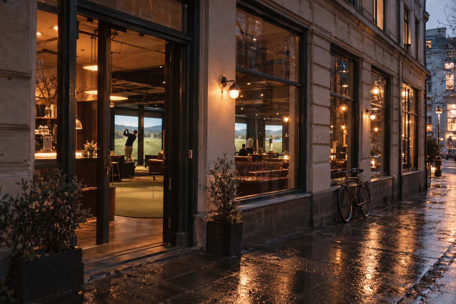 The entrance from a wet street at dusk, the bays glowing through tall windows